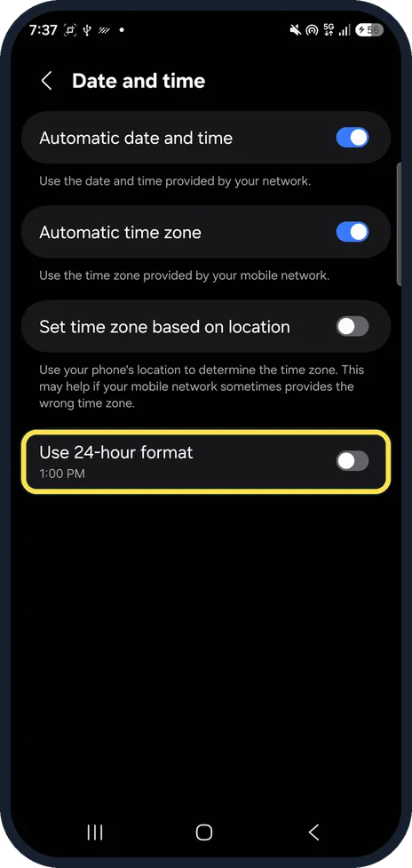 Android screenshot: Turn off Use 24-hour format