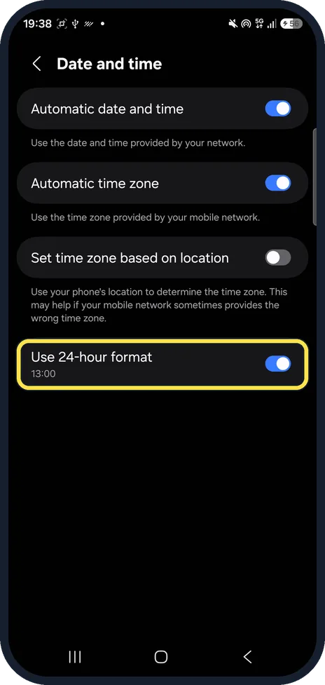 Android screenshot: Want 24-hour time back? Turn it on