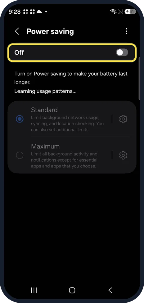 Android screenshot: Turn on Power saving