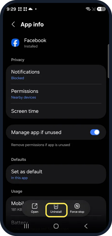 Android screenshot: Uninstall the app that drains