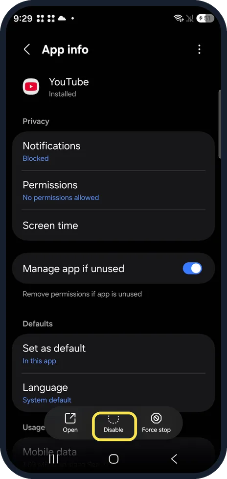 Android screenshot: If it only shows Disable