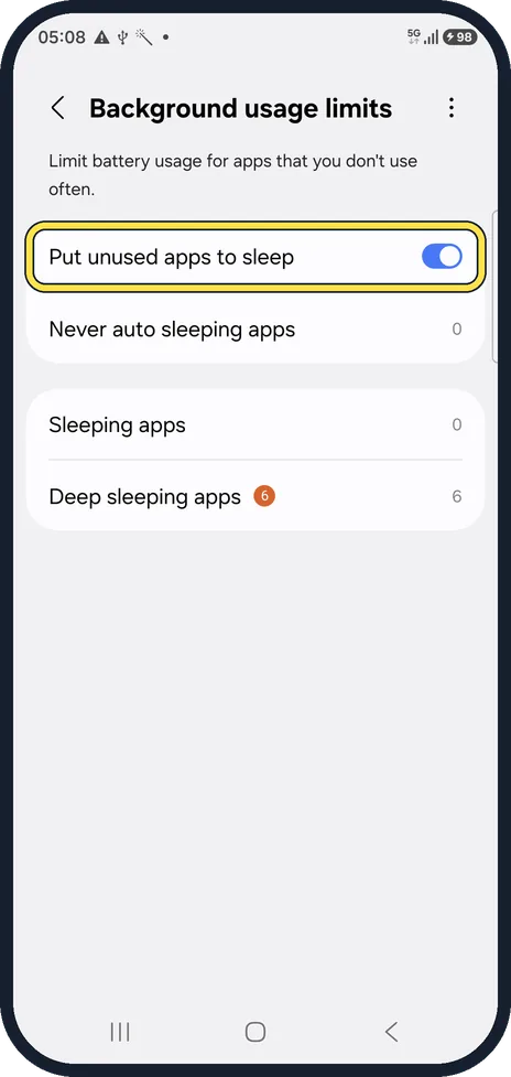 Android screenshot: Put unused apps to sleep