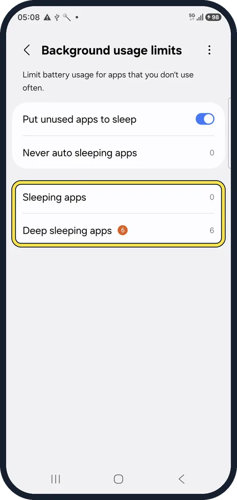 Android screenshot: Add apps to Sleeping or Deep sleeping