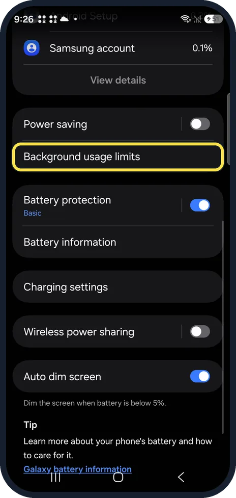 Android screenshot: Open Background usage limits