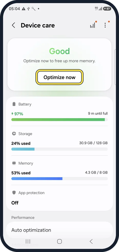 Android screenshot: Run Optimize now