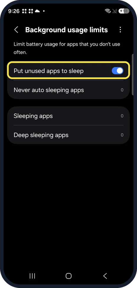 Android screenshot: Put unused apps to sleep