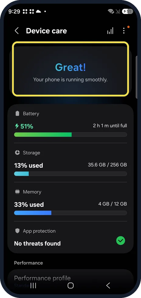 Android screenshot: Open Device care