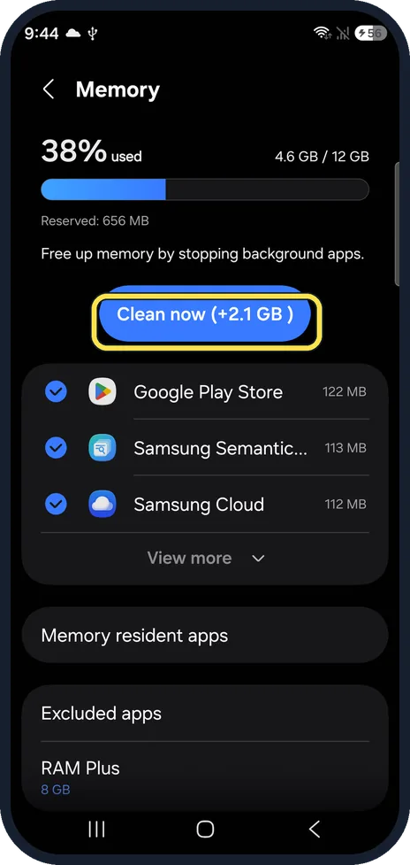 Android screenshot: Clean memory