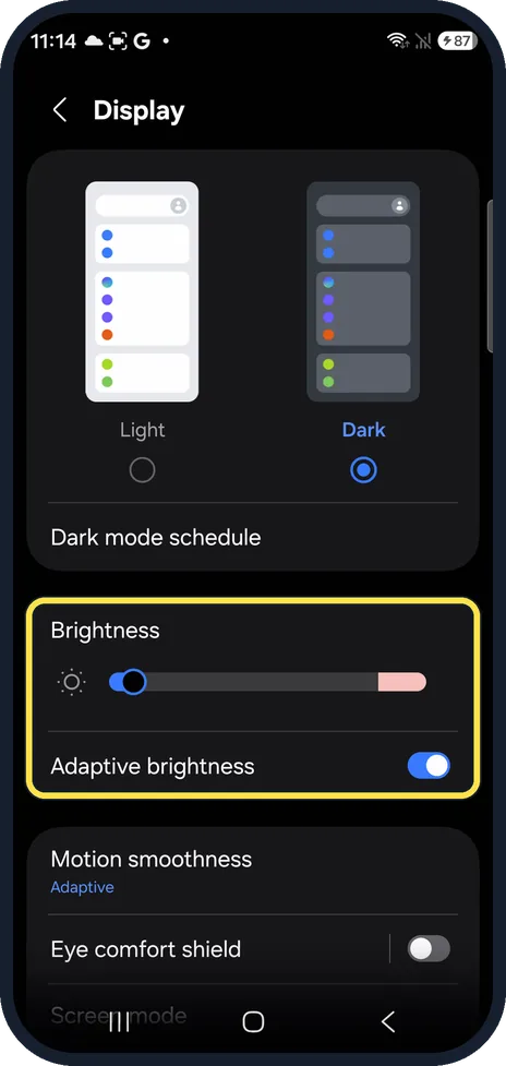 Android screenshot: Lower the brightness
