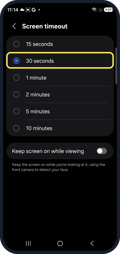 Android screenshot: Shorten the screen timeout