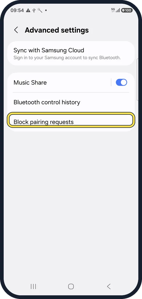 Android screenshot: Check Block pairing requests