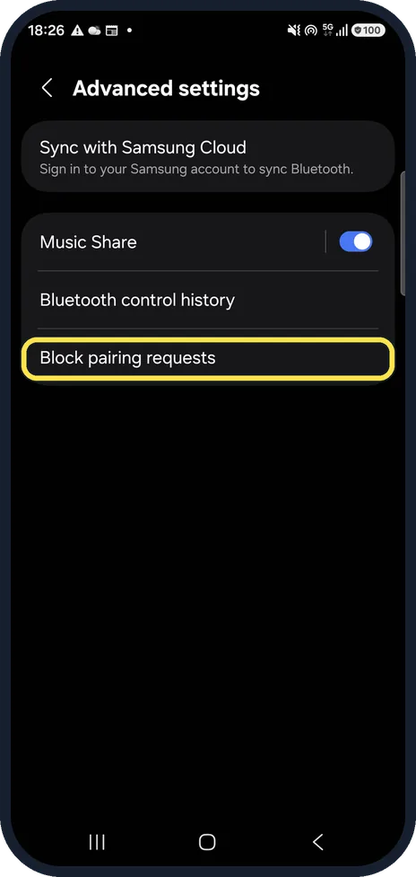 Android screenshot: Check Block pairing requests