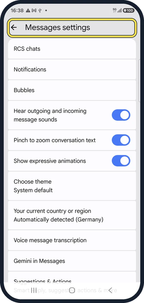 Android screenshot: Open Messages settings