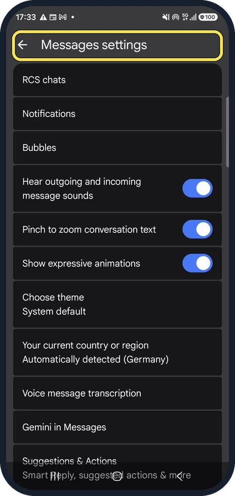 Android screenshot: Open Messages settings