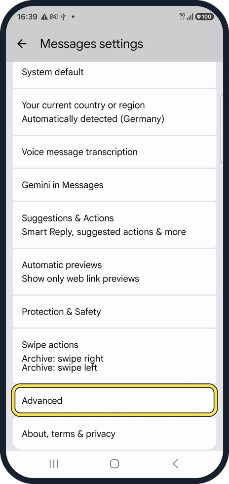 Android screenshot: Scroll to Advanced