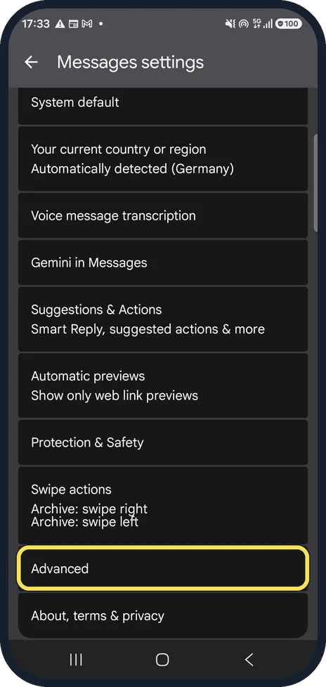 Android screenshot: Scroll to Advanced