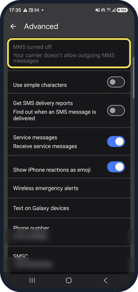 Android screenshot: Read the MMS line at the top