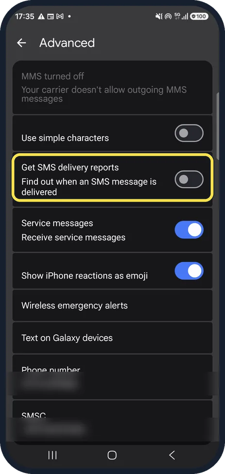Android screenshot: Check delivery reports