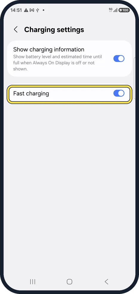Android screenshot: Switch on Fast charging