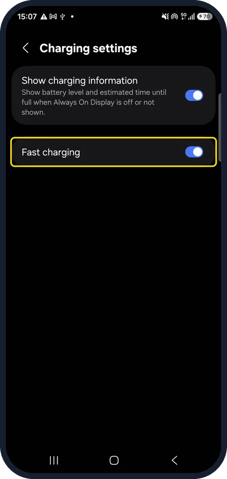Android screenshot: Open Charging settings and switch on Fast charging