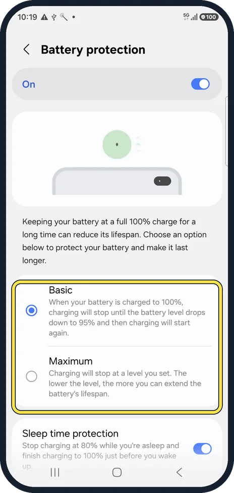 Android screenshot: Check Battery protection