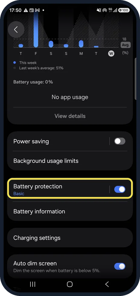 Android screenshot: Check Battery protection