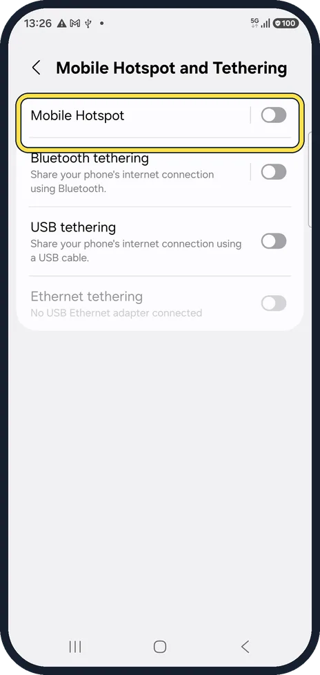Android screenshot: Open Mobile Hotspot