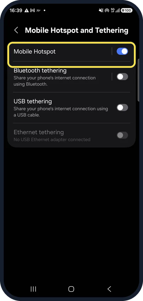 Android screenshot: Open Mobile Hotspot