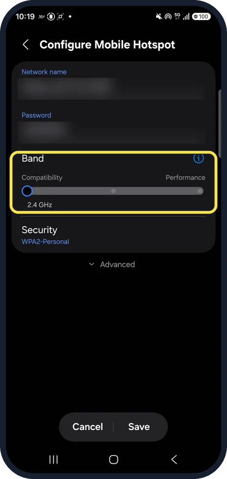 Android screenshot: Switch the band