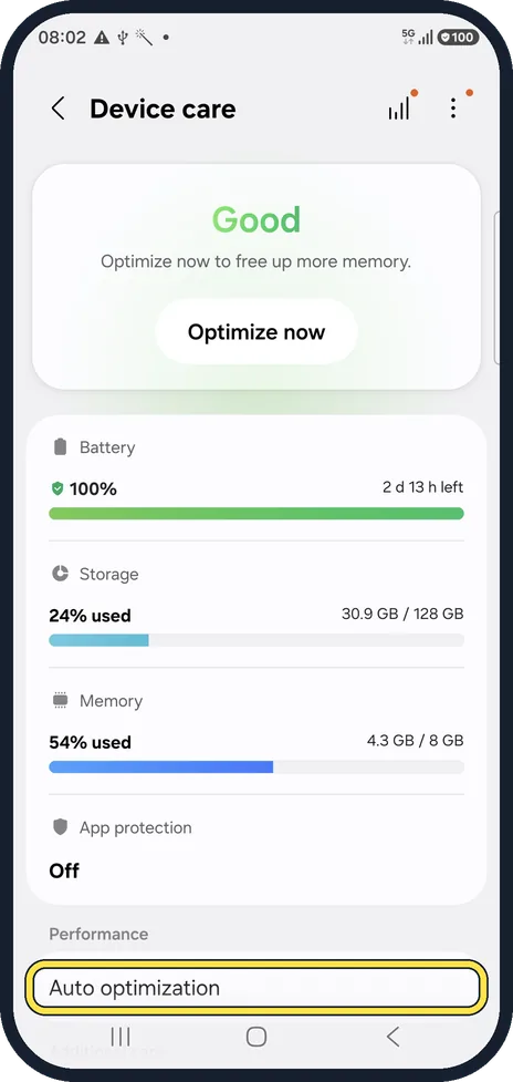 Android screenshot: Open Auto optimization