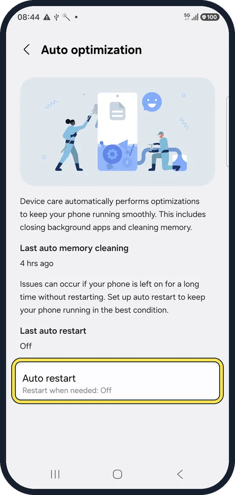Android screenshot: Check Auto restart