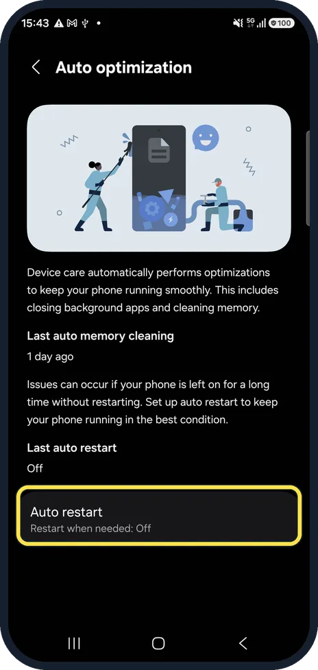 Android screenshot: Check Auto restart