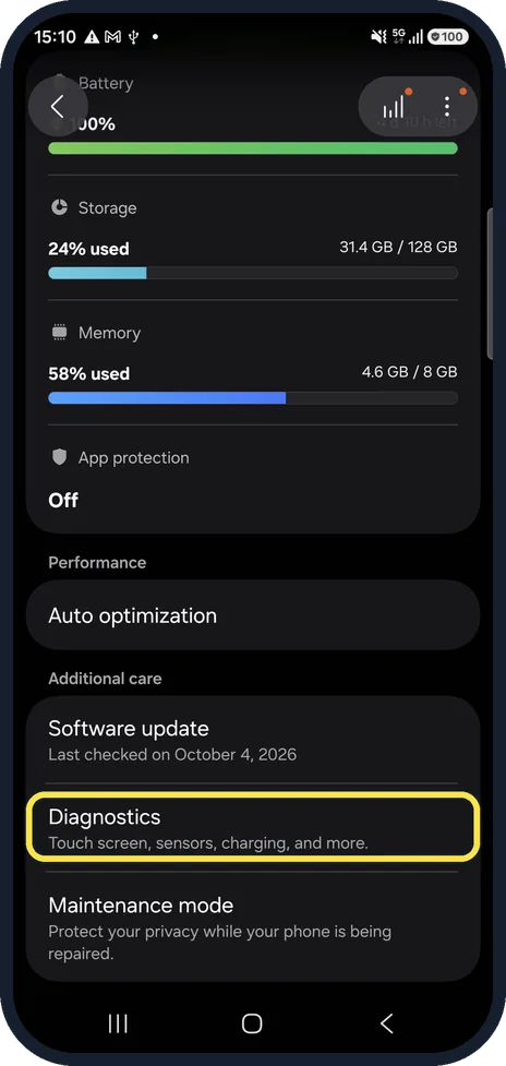 Android screenshot: Run a diagnostic test