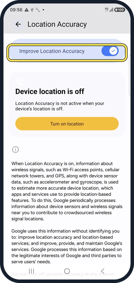 Android screenshot: Switch on Improve Location Accuracy