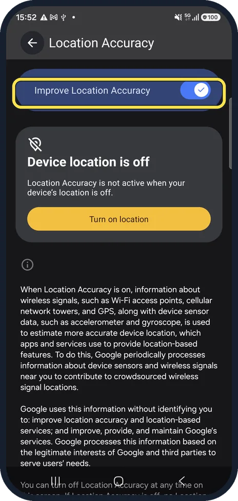 Android screenshot: Switch on Improve Location Accuracy
