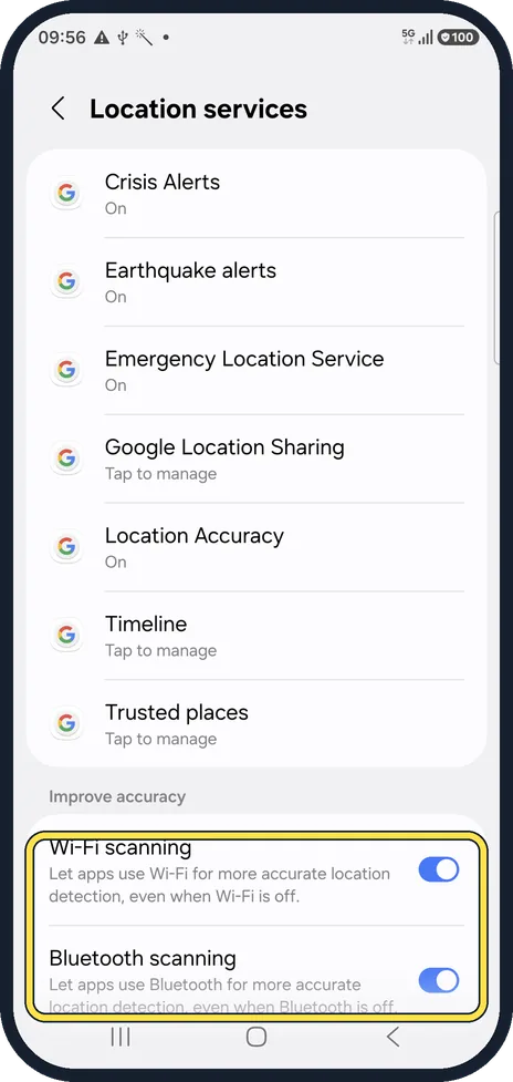 Android screenshot: Leave Wi-Fi and Bluetooth scanning on