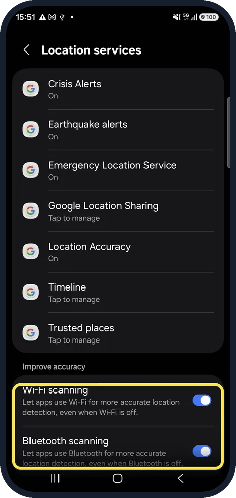 Android screenshot: Leave Wi-Fi and Bluetooth scanning on