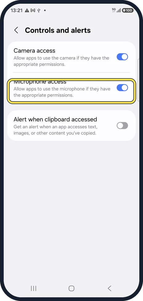 Android screenshot: Check Microphone access