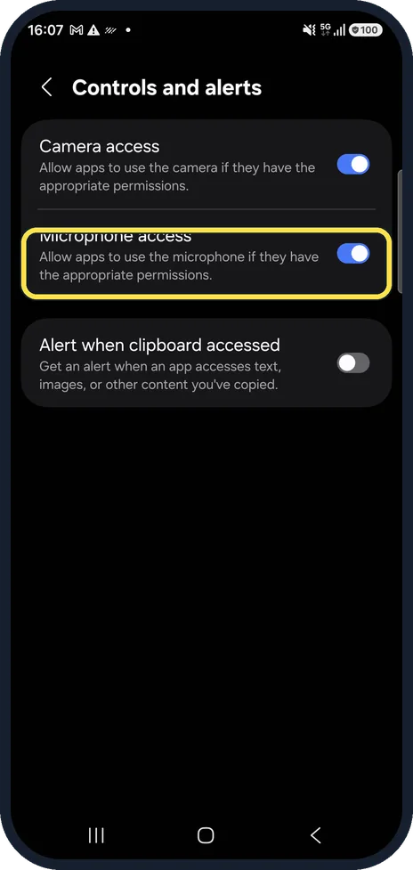 Android screenshot: Check Microphone access