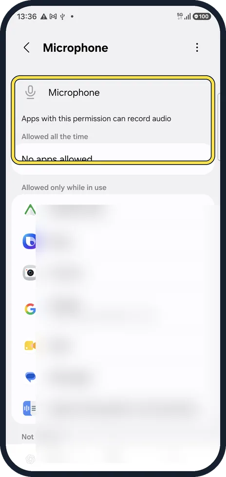 Android screenshot: Check the app's permission