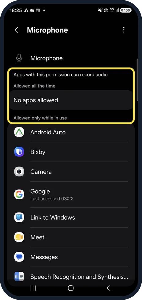 Android screenshot: Open the Microphone permission list