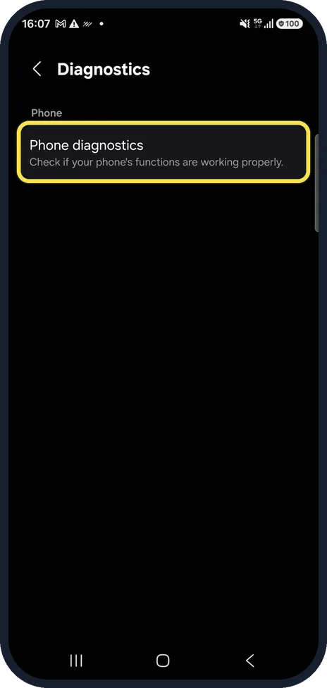 Android screenshot: Test it in Diagnostics
