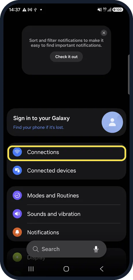 Android screenshot: Open Connections
