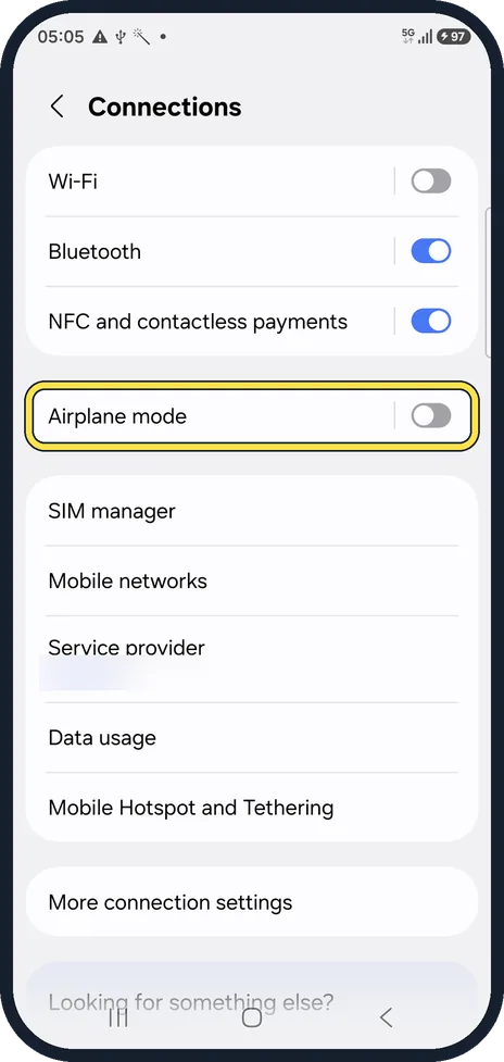 Android screenshot: Check Airplane mode