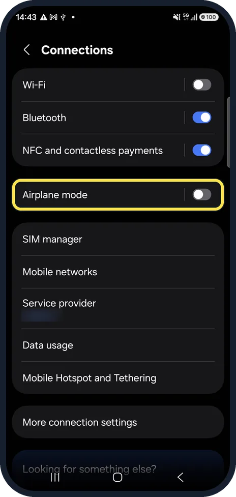 Android screenshot: Check Airplane mode