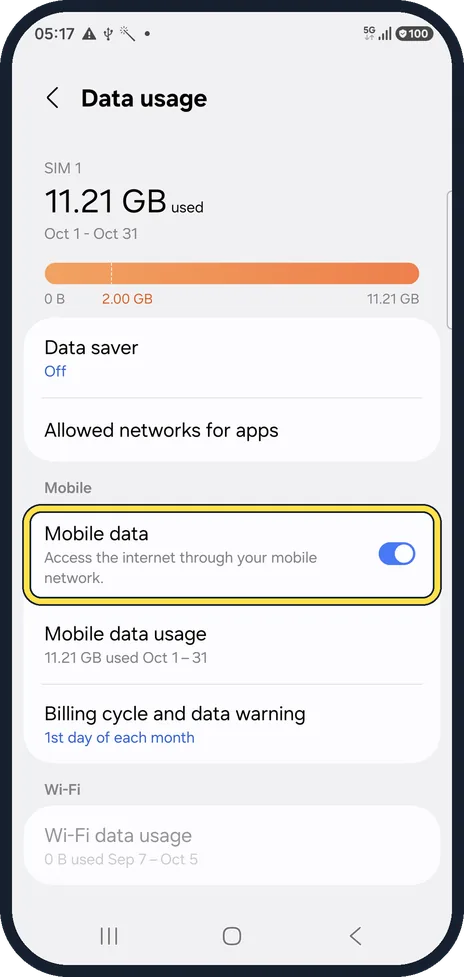 Android screenshot: Check the Mobile data switch and limits