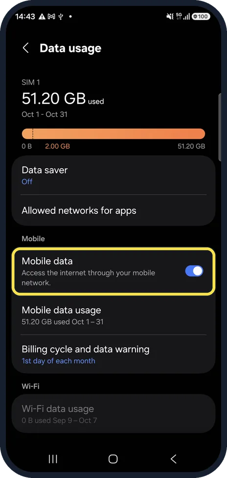 Android screenshot: Check the Mobile data switch and limits