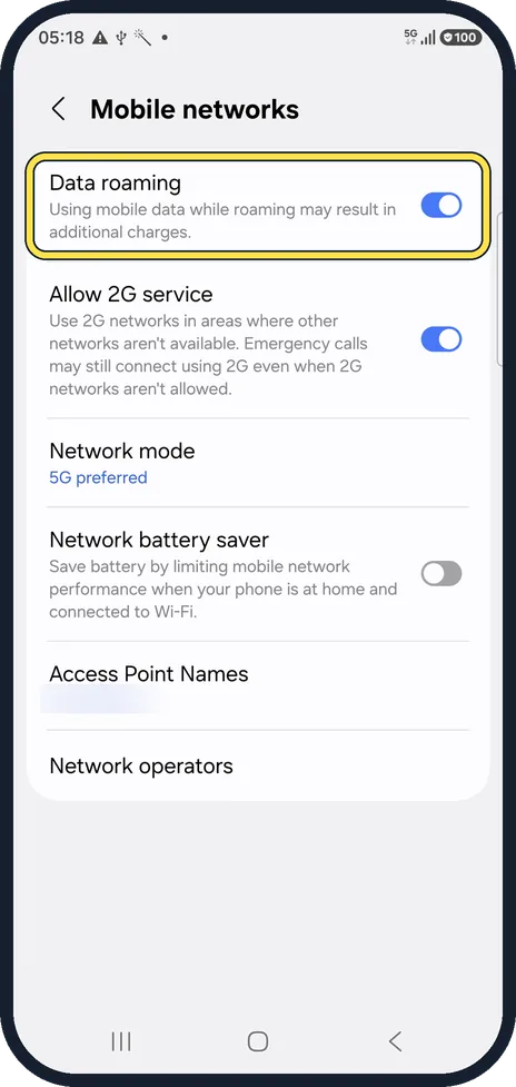 Android screenshot: Abroad? Check Data roaming