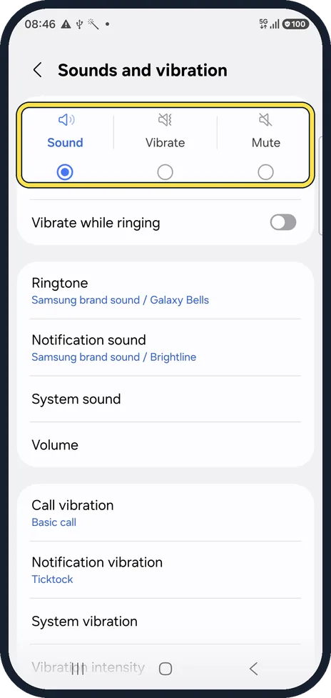 Android screenshot: Set the sound mode to Sound