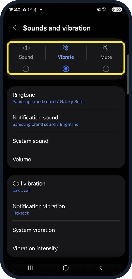 Android screenshot: Set the sound mode to Sound